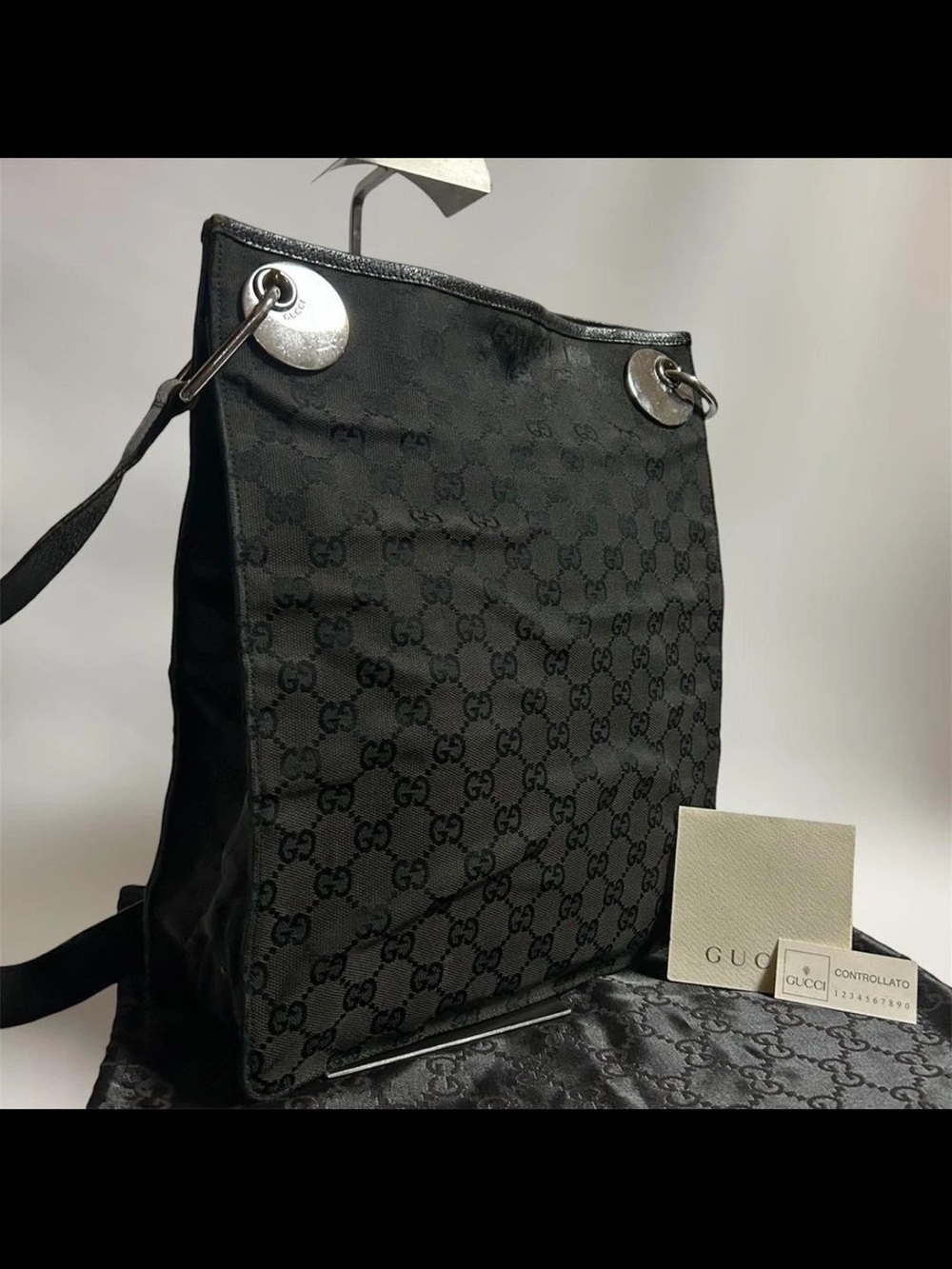 Gucci Black GG Monogram Shoulder Bag with Silver Accents
